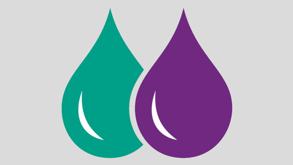 Abbildung grüner und violetter Wassertropfen