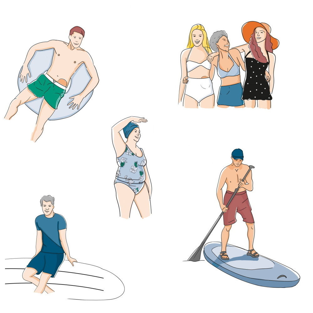 Illustration von verschiedenen Personen in Badeanzügen