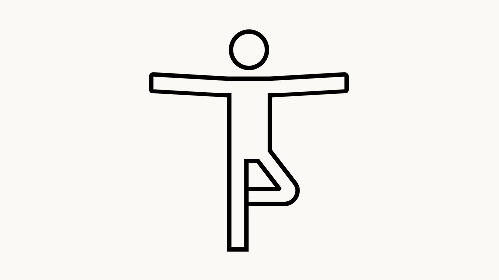 Symbol einer Person, die mit ausgestreckten Armen auf einem Bein steht und Rehabilitationsübungen darstellt.