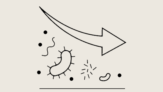  Symbol, das verschiedene Mikroben neben einem nach unten zeigenden Pfeil darstellt, was auf eine Verringerung der Bakterienbelastung hinweist.